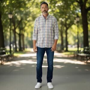 Linea Uomo Plaid Button Up Shirt Mens 3XL Blue White Orange Long Sleeve